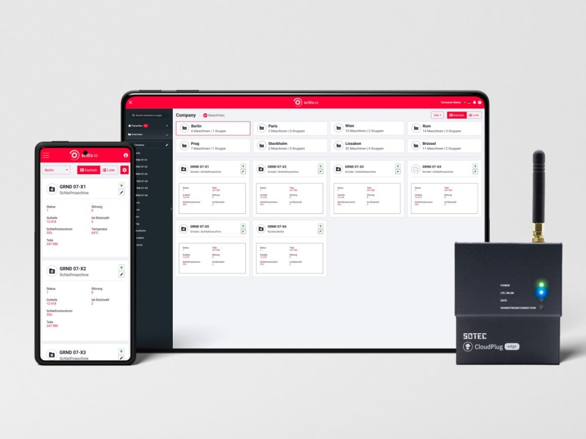 A smartphone, a tablet and an edge device positioned next to each other. A dashboard can be seen on the screens of both the smartphone and the tablet.
